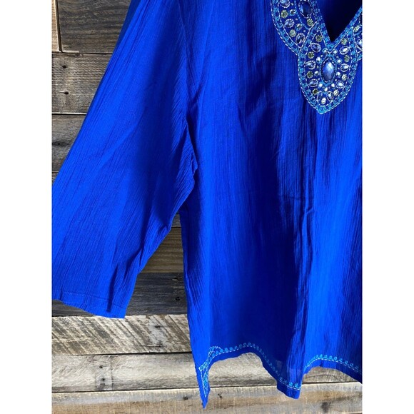 Alfred Dunner Women's Plus Sz 18 Blue Cotton Embroidered Embellished V-Neck Top - Picture 5 of 12